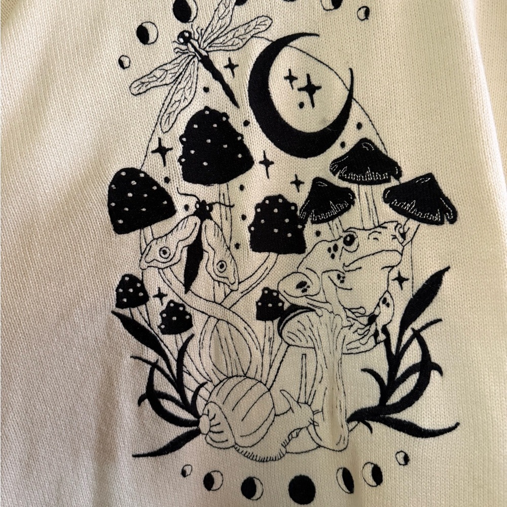 Cream Graphic Cardigan with Black Mushroom Design